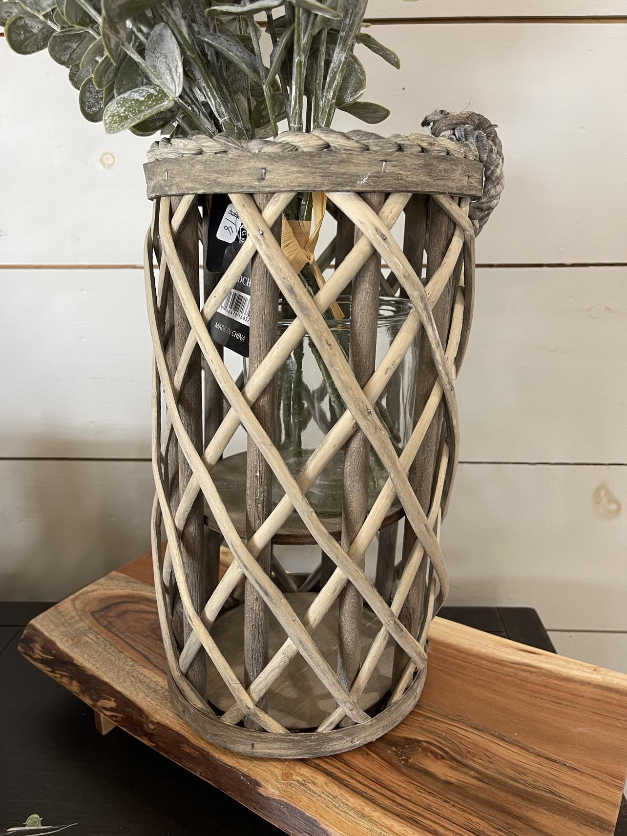 Tall Weaved Lantern With Rope Handle