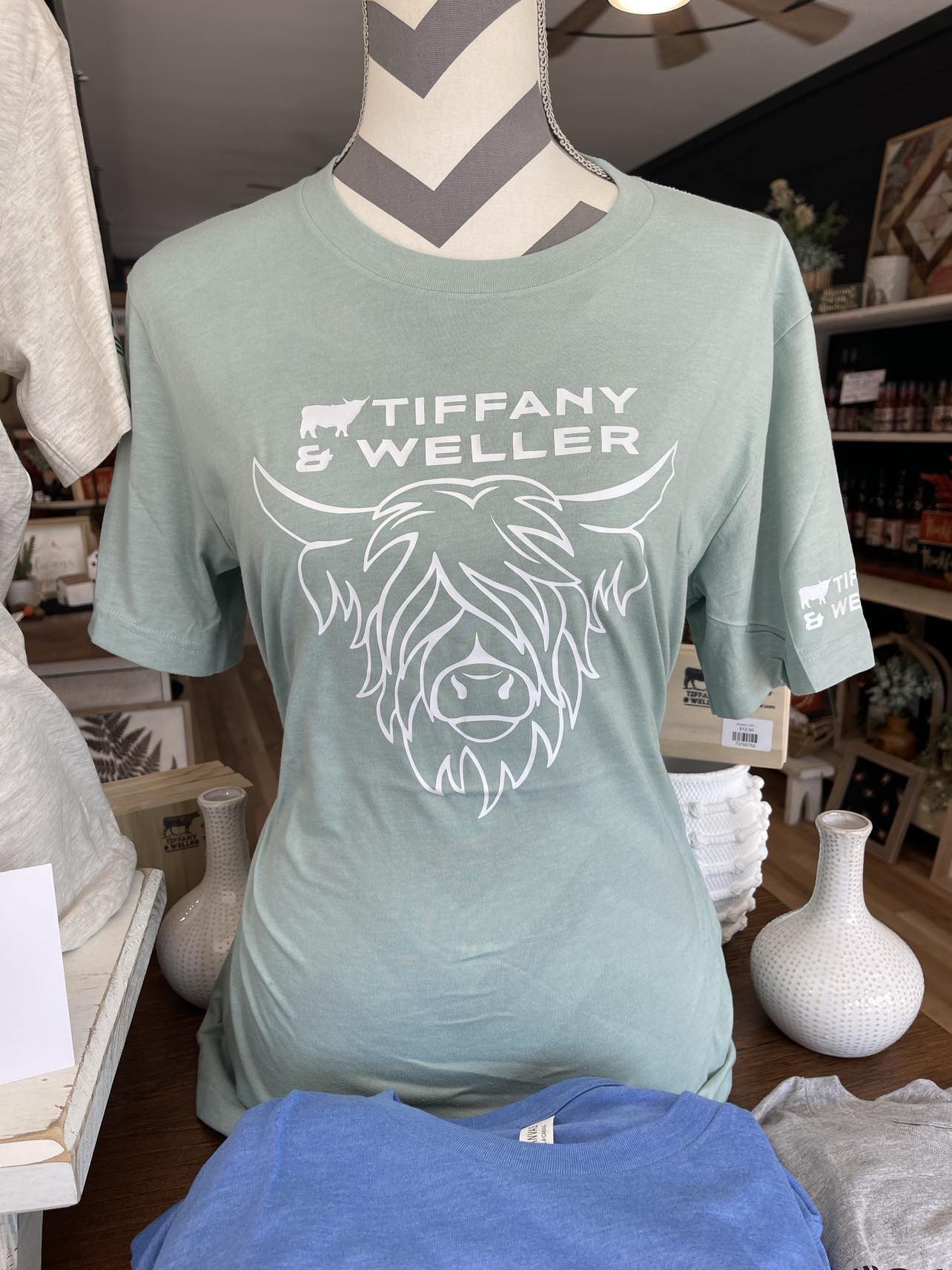 Tiffany & Weller Highland Cow TShirt Soft Teal