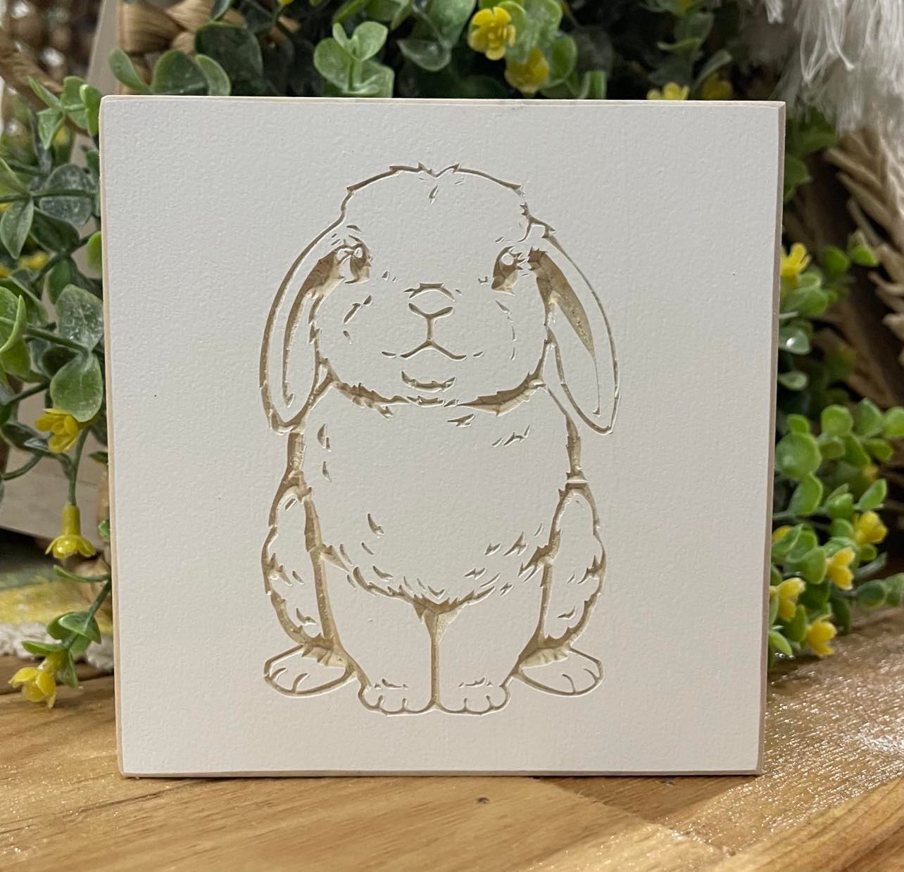 Floppy Eared Bunny 5X5 Unframed Wood Sign White
