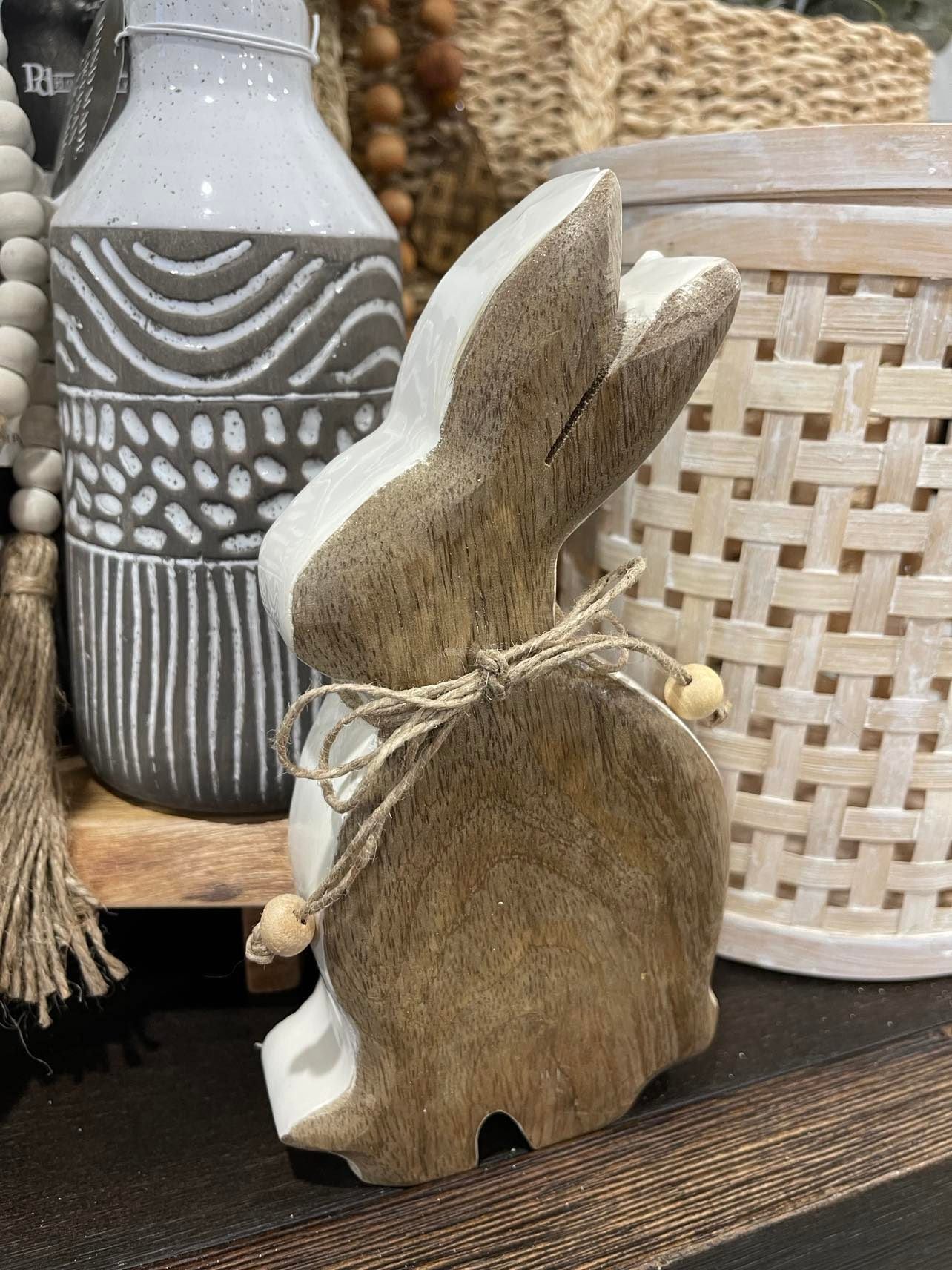 Wood Bunny With Enamel Sides 8" Tall Small