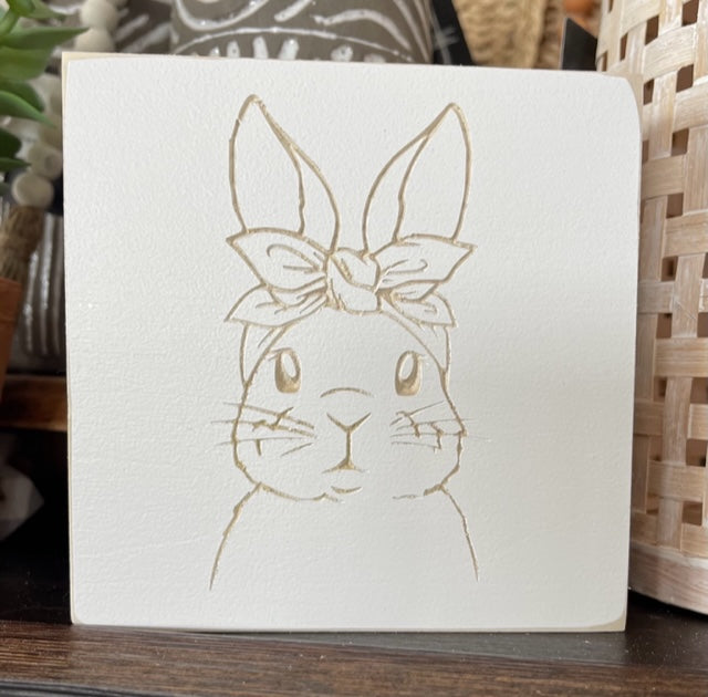 Bunny With Tied Headband 5X5 Unframed Wood Sign