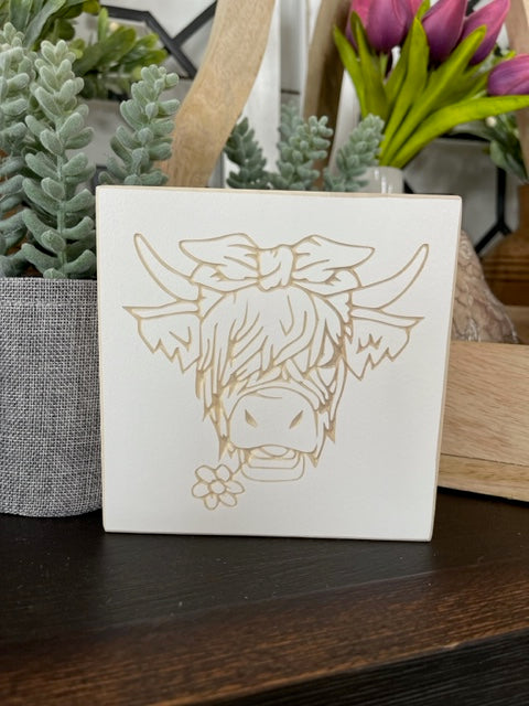 Highland Cow With Flower In Mouth 5X5 Unframed Wood Sign