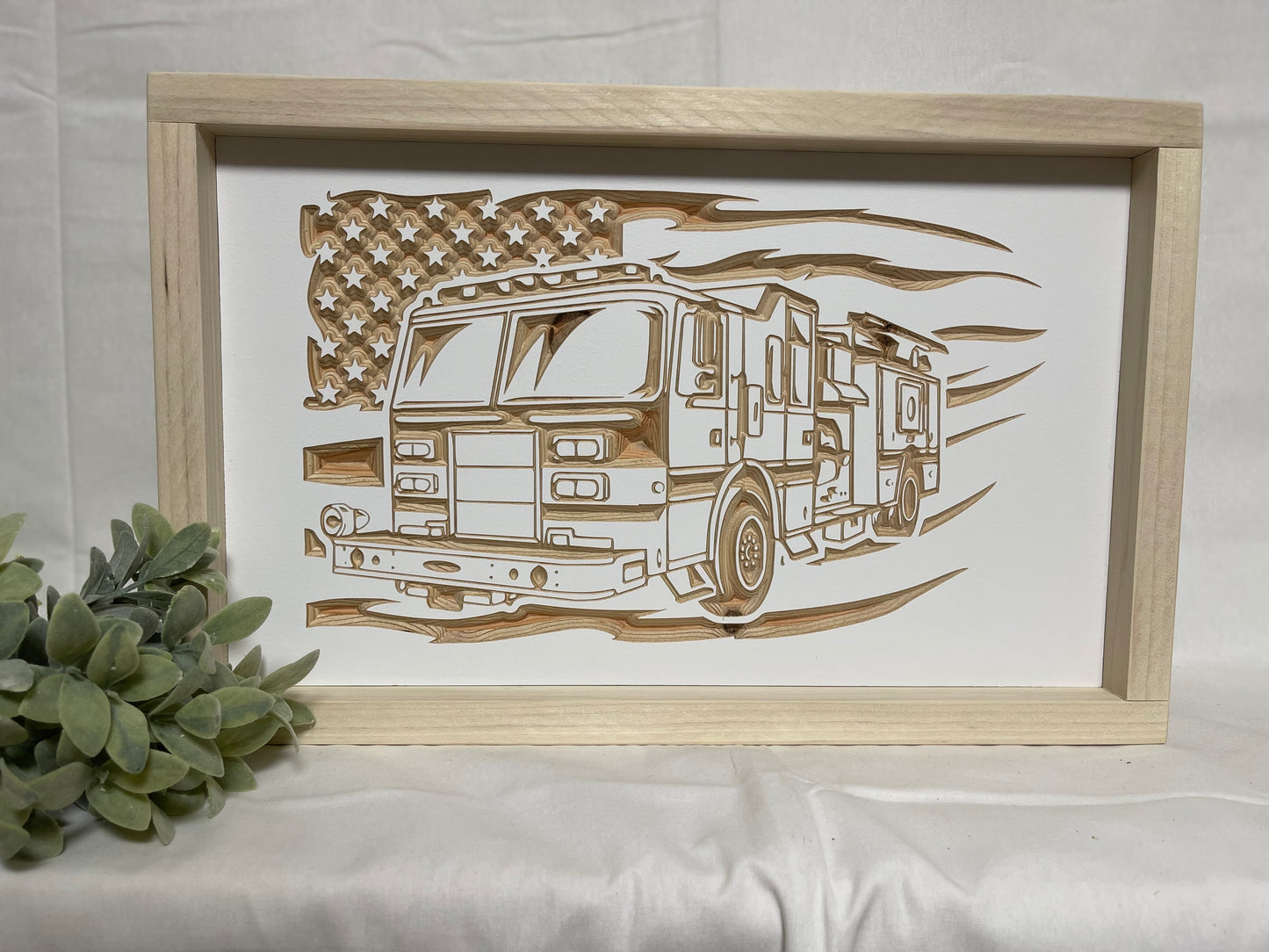 Firetruck Flag 9X15 Wood Sign