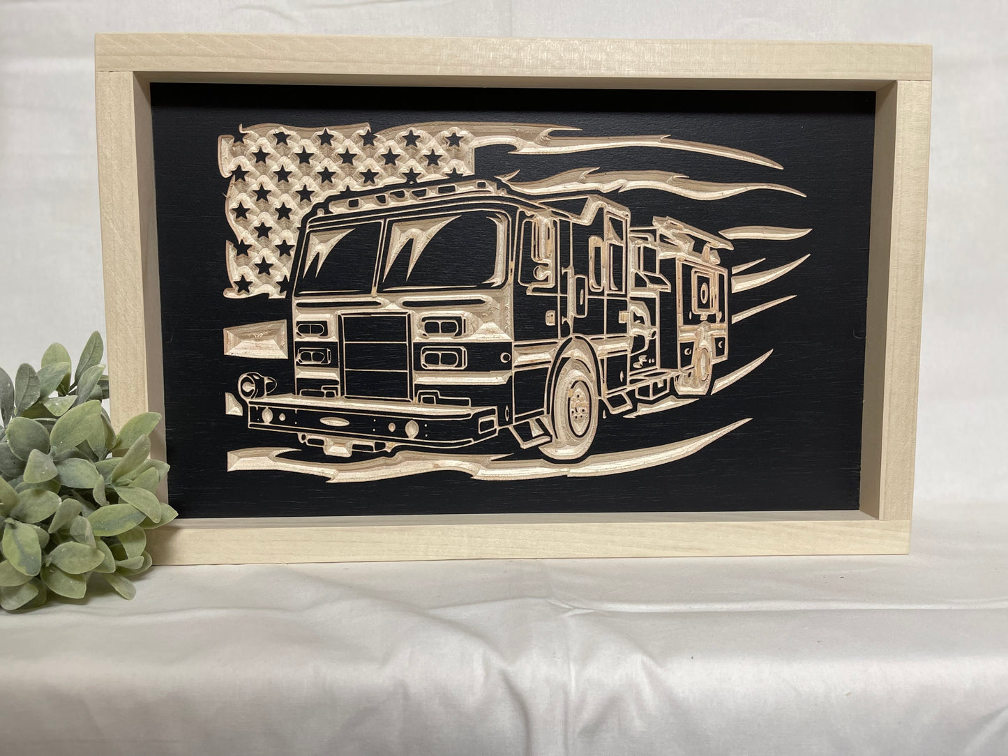 Firetruck Flag 9X15 Wood Sign