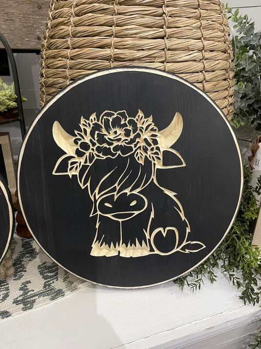 15" Round Sign Highland Cow With Flowers Black