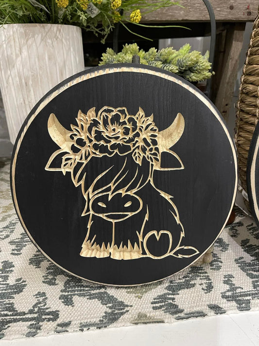 12" Round Sign Highland Cow With Flowers Black
