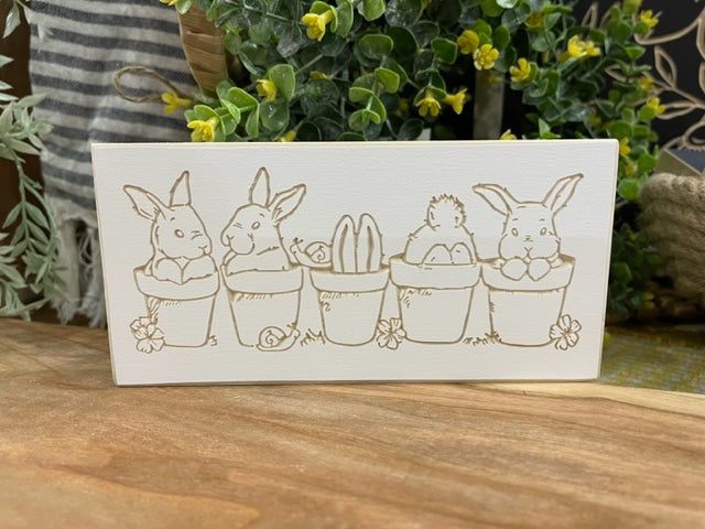 Row Of Bunnies In Pots 3.5X7 Unframed Wood Sign