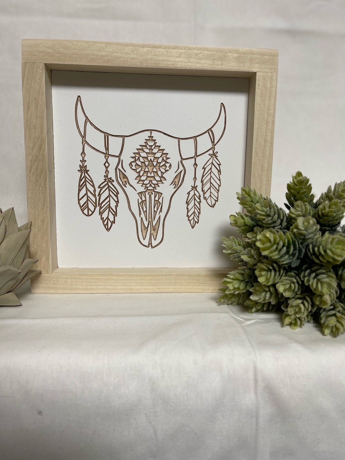 Skull With Feathers 7X7 Wood Sign