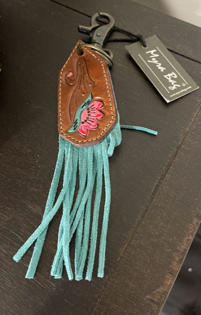 Myra Key Fob Pink Flower With Turquoise Fringe
