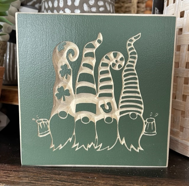 St Patricks Day Gnomes 5X5 Unframed Wood Sign