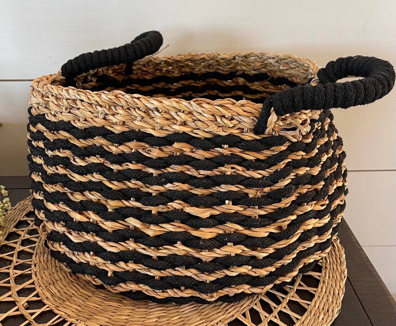 47&M BMR283 Black Striped Round Basket With Handles Medium