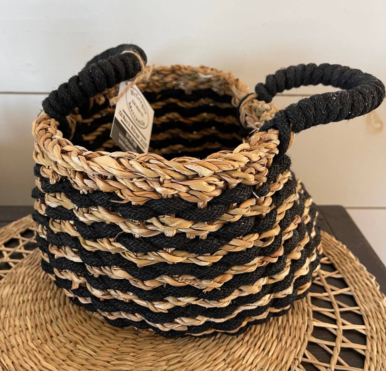 47&M BMR283 Black Striped Round Basket With Handles Small