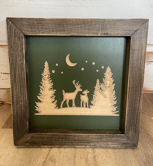 Deer In Forest Framed Wood Sign 12.5X12.5