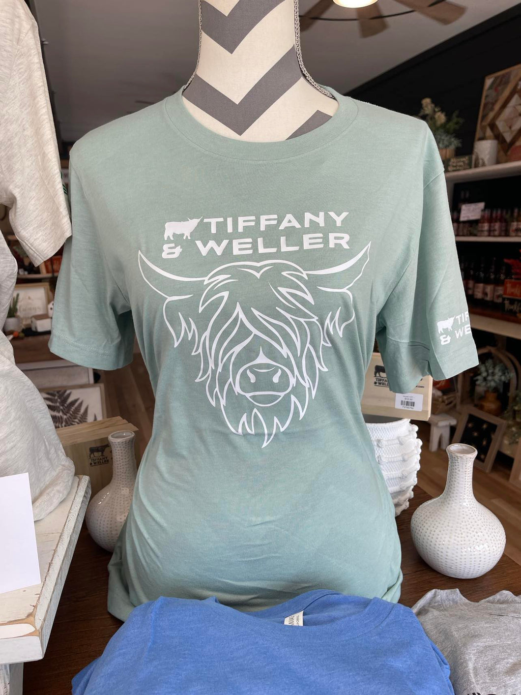 Tiffany & Weller Highland Cow TShirt Soft Teal
