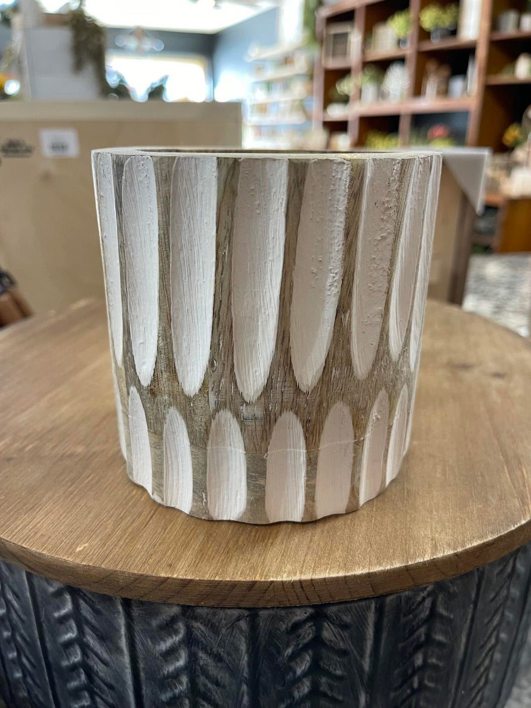 WHD TF144 Carved Wood Vase White/Wood Stripe 4