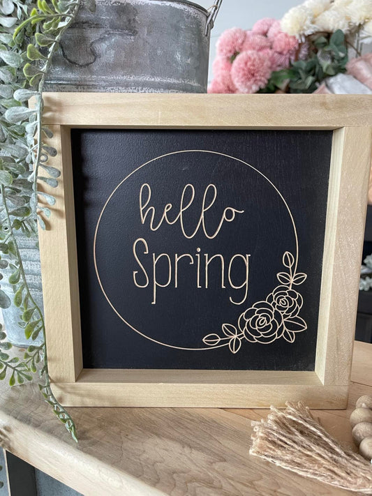 Hello Spring 8.5X8.5 Wood Sign Black