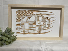 Load image into Gallery viewer, Firetruck Flag 9X15 Wood Sign
