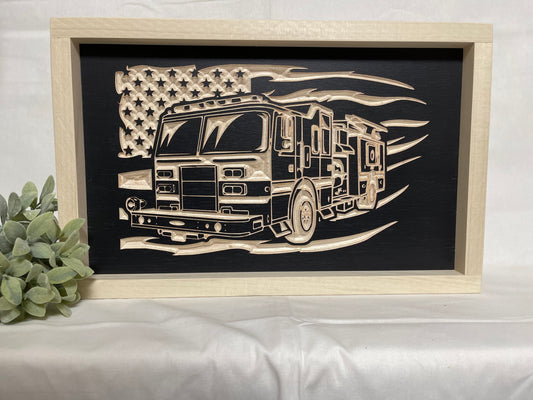 Firetruck Flag 9X15 Wood Sign
