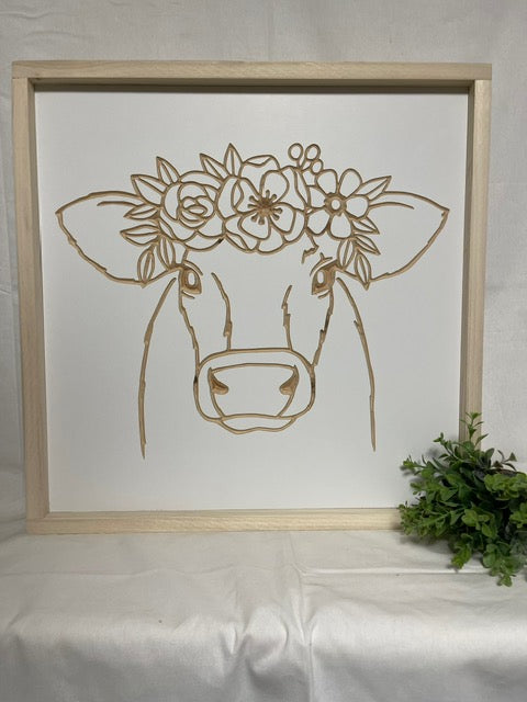 Cow With Flowers 20X20 Wood Sign