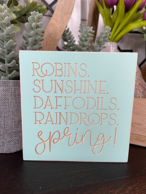Robins Sunshine Daffodils Raindrops Spring 5X5 Wood Sign