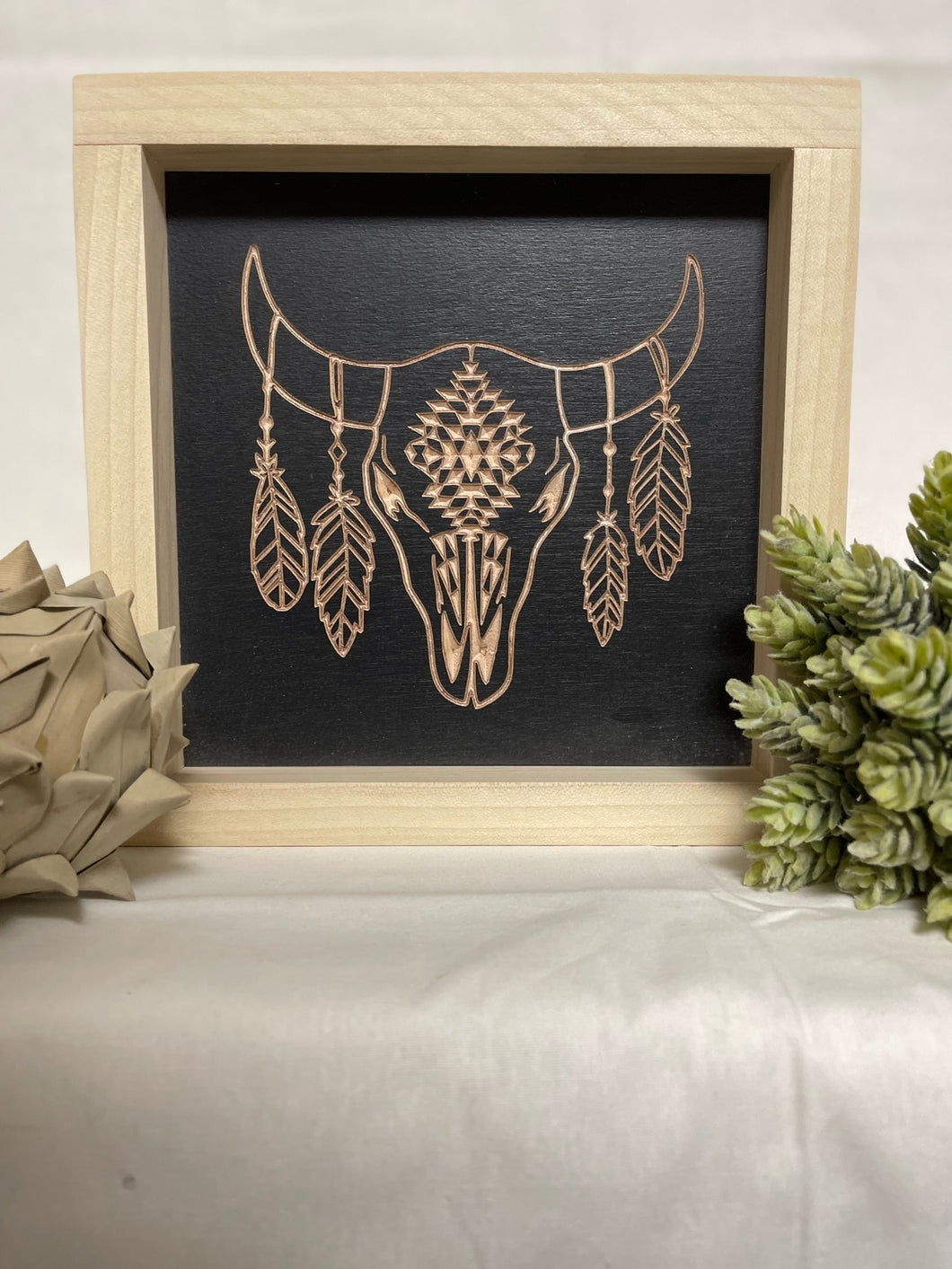 Skull With Feathers 7X7 Wood Sign