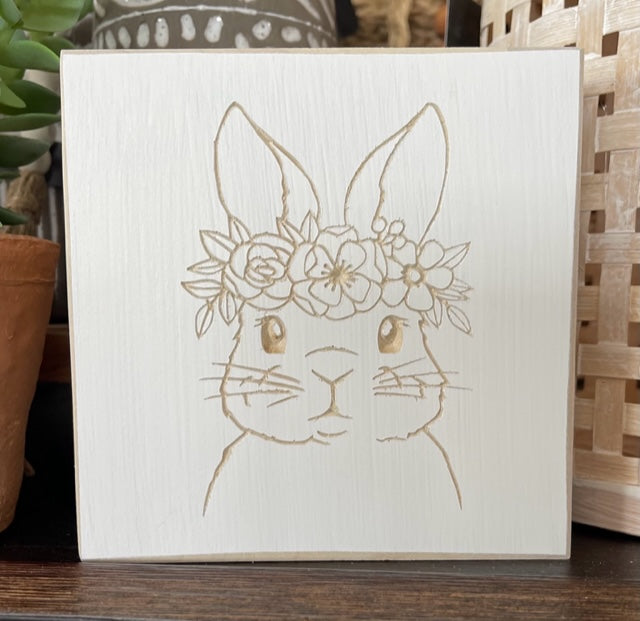 Bunny With Flower Headband 5X5 Unframed Wood Sign