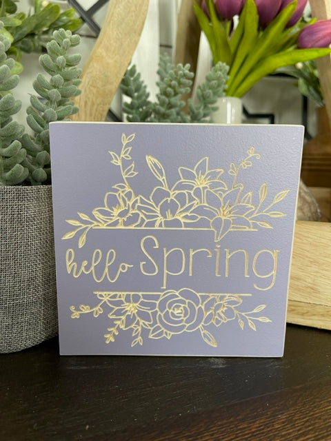 Hello Spring With Florals 5X5 Wood Sign