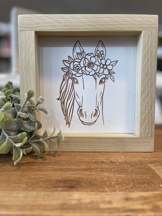 Horse With Flowers 5X5 Wood Sign