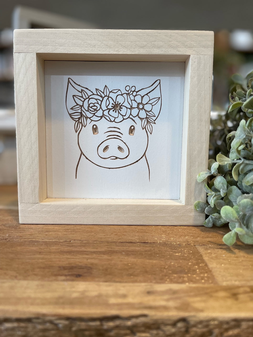Pig With Flowers 5X5 Wood Sign