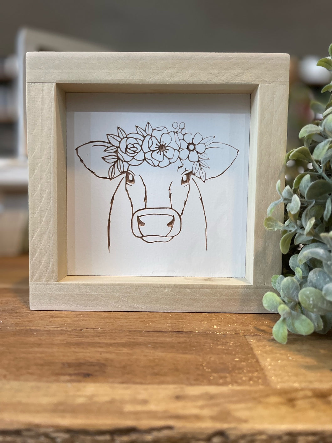 Cow With Flowers 5X5 Wood Sign