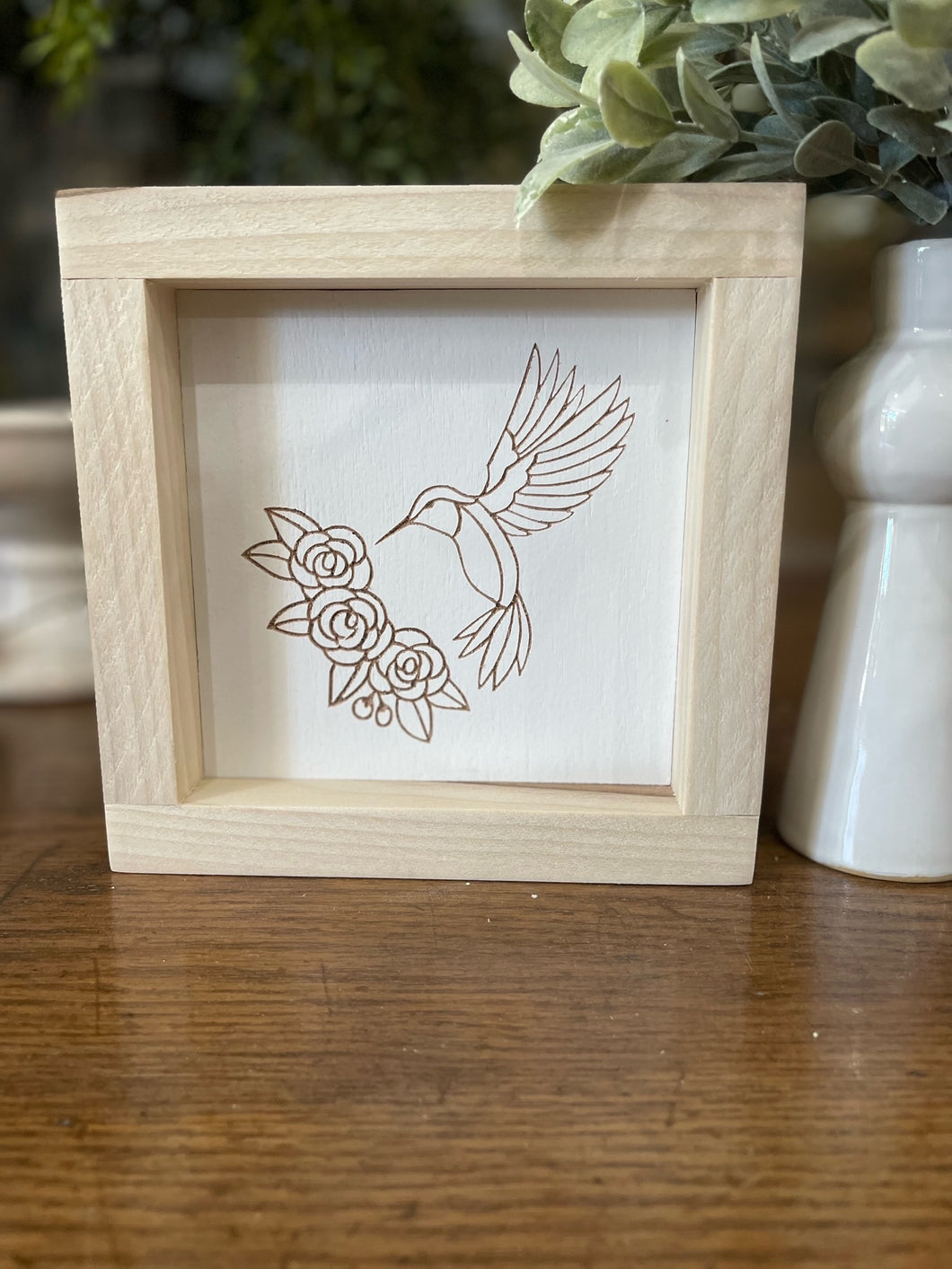 Hummingbird With Flowers 5X5 Wood Sign