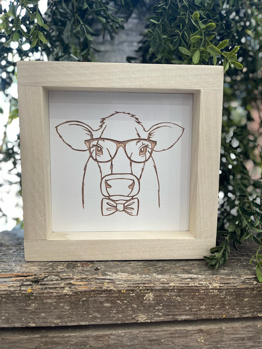Cow With Glasses 5X5 Wood Sign