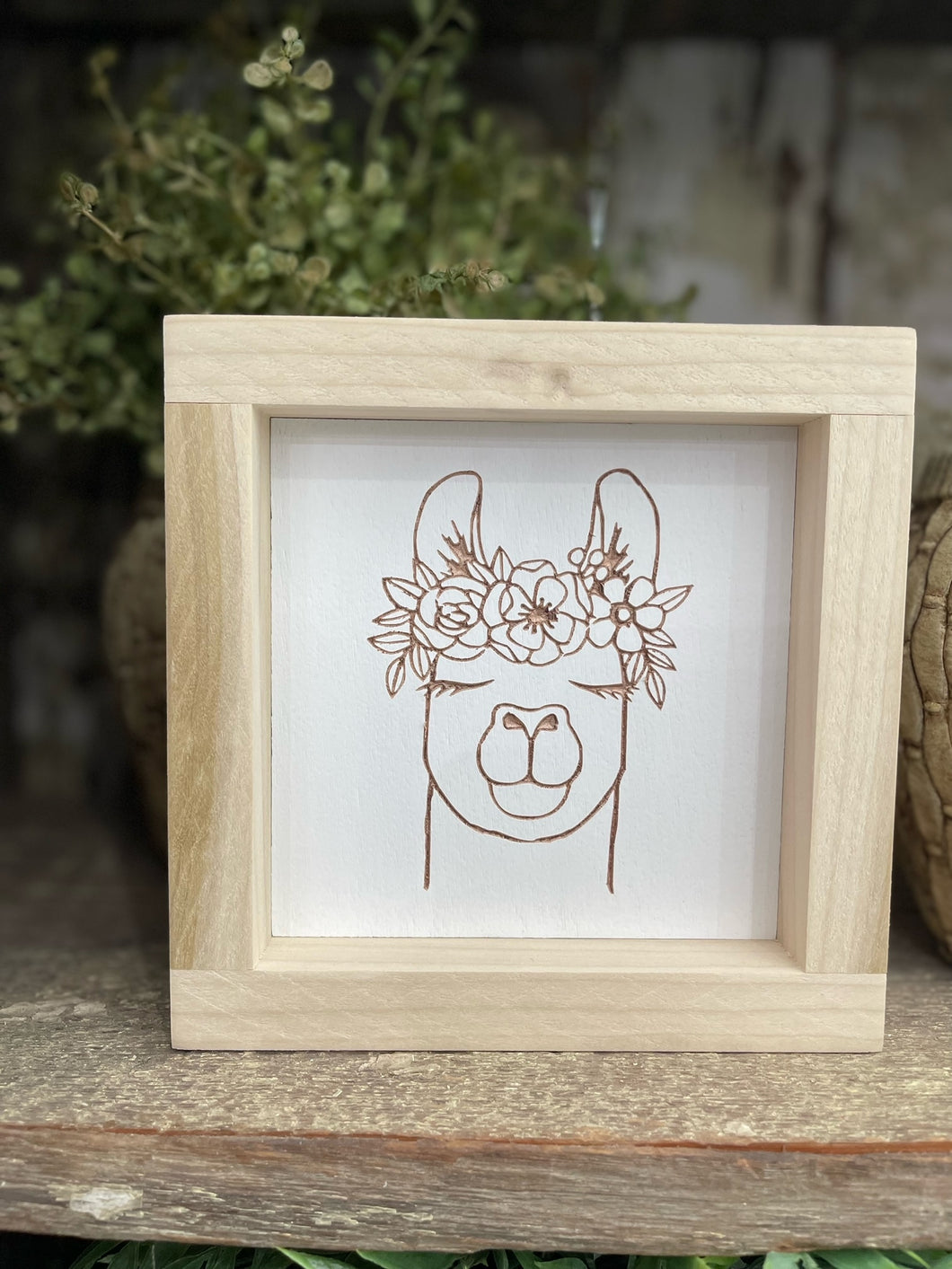 Llama With Flowers 5X5 Wood Sign
