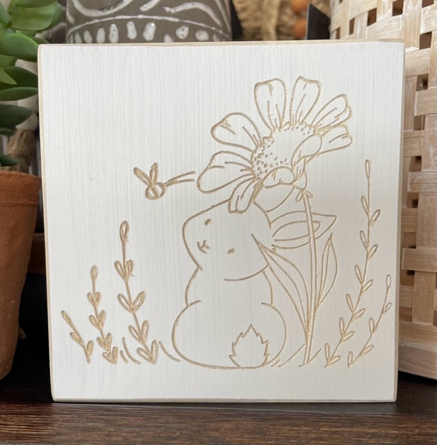 Bunny With Flower & Bee 5X5 Unframed Wood Sign